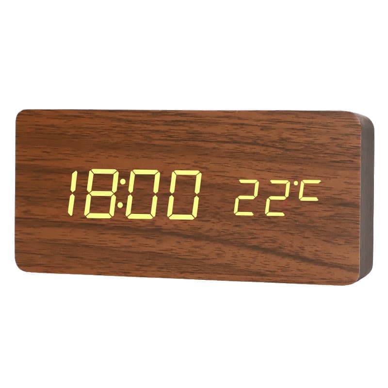 Brown Digital LED Alarm Clock with USB Charger, 12/24h LCD Display, Silent Wooden Design for Bedrooms and Travel — image 2