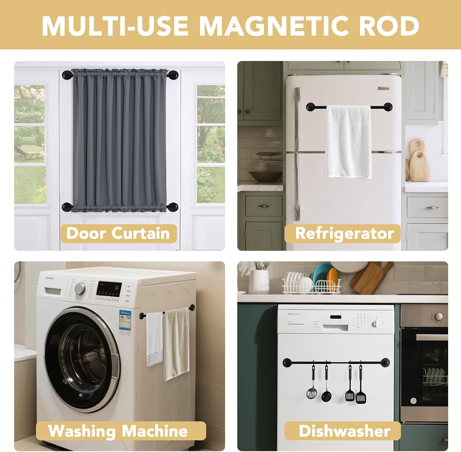 1 PACK Magnetic Curtain Rods for Metal Doors 16" to 28", 1/2 Inch Diameter Adjustable French Door Rod Classroom Whiteboard Cafe Towel Bar Holder, Black 16"-28" β image 2