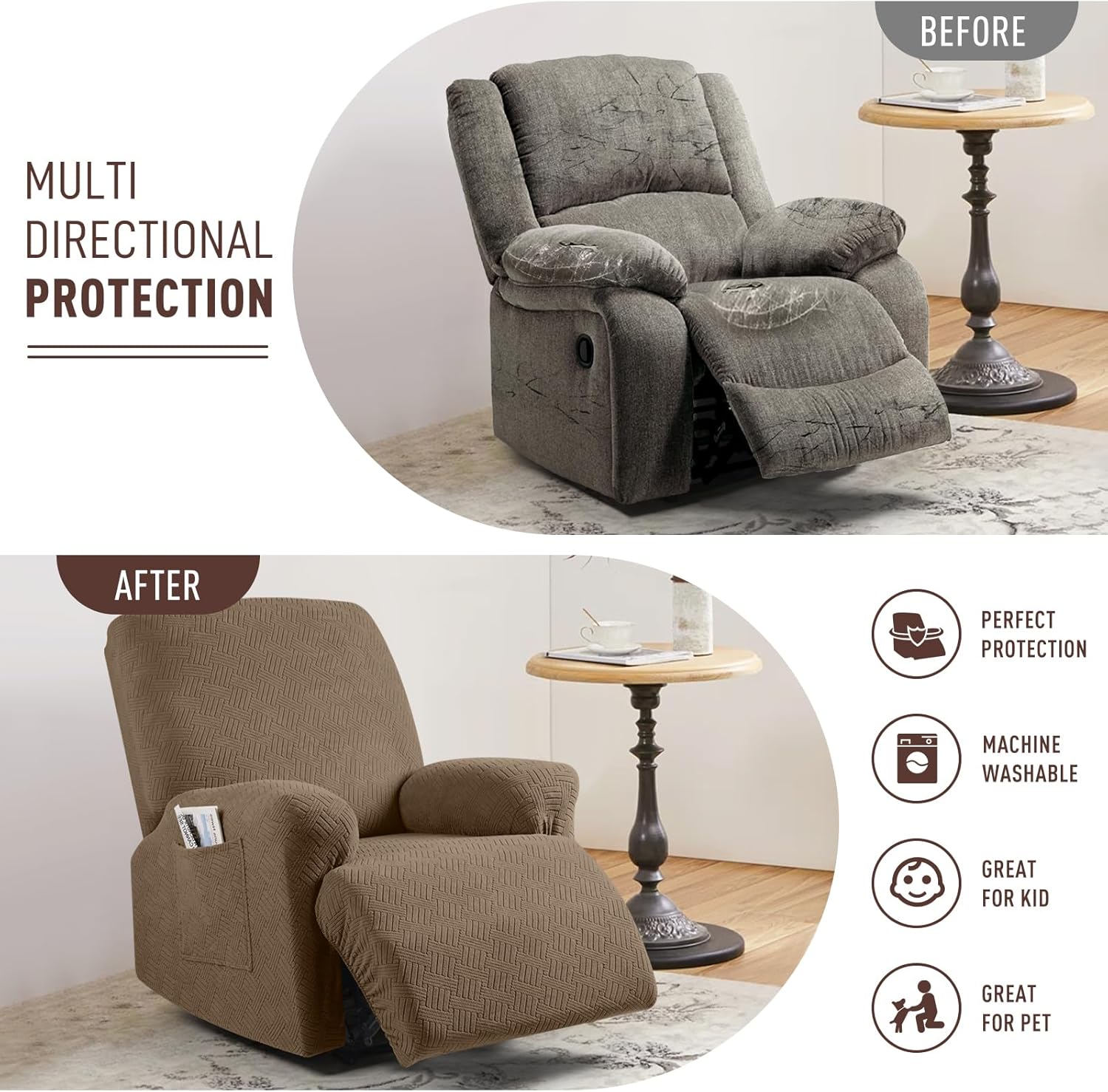 Recliner Covers, Stretch Reclining Chair Covers, Recliner Sofa Slipcovers Stripe Jacquard Recliner Couch Covers Furniture Protector Covers for Pet Kid (1 — image 3