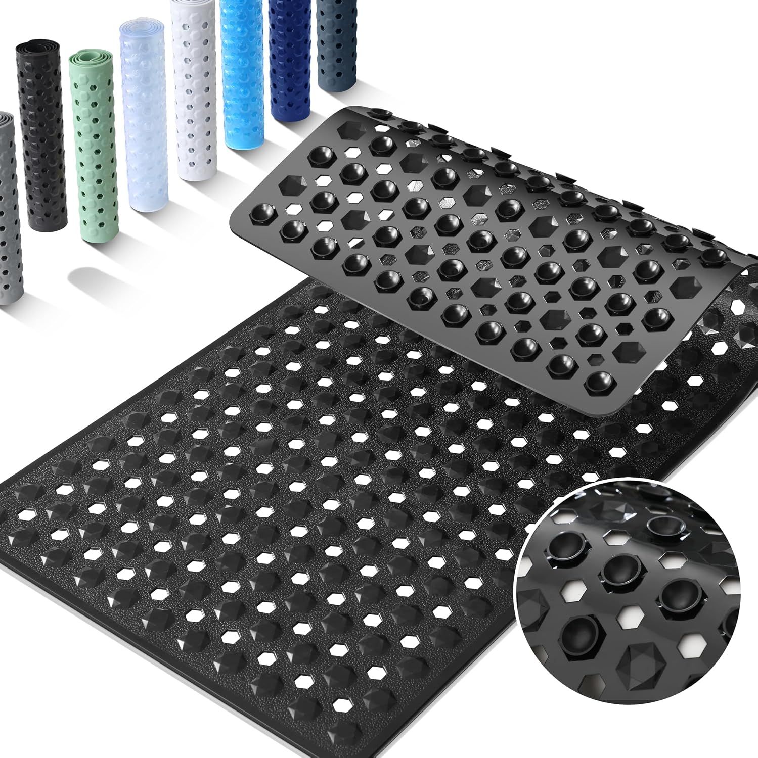Non-Slip Bathtub Mat with Drain Holes and Strong Suction Cups, Machine-Washable Shower Mat for Inside Tubs, Black, 87.6 × 39 cm