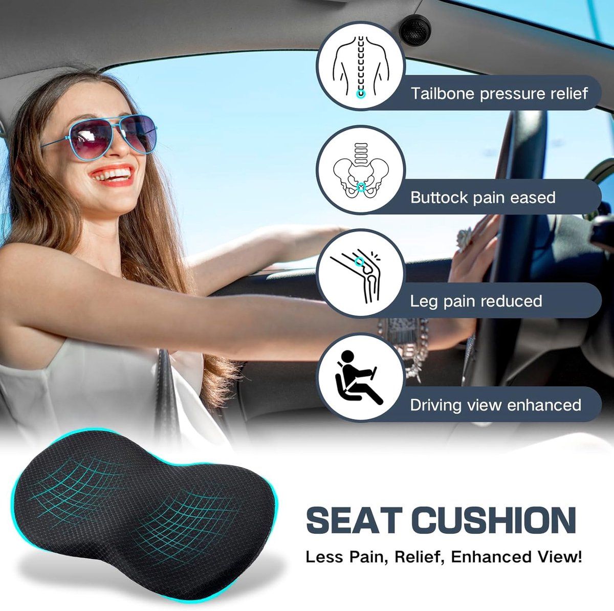 Car Seat Cushion, Memory Foam Wedge Cushion, Lower Back Support Booster Pad for Driver Seat, Office Chair and Travel, 44X23.5X9.5CM, Black โ image 6