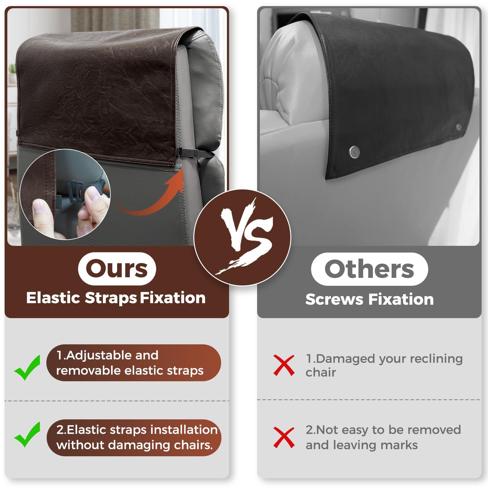 Headrest Cover for Recliner Chair Recliner Headrest Protector Faux Leather Headrest Cover with Elastic Straps Couch Headrest Covers for Furniture — image 2