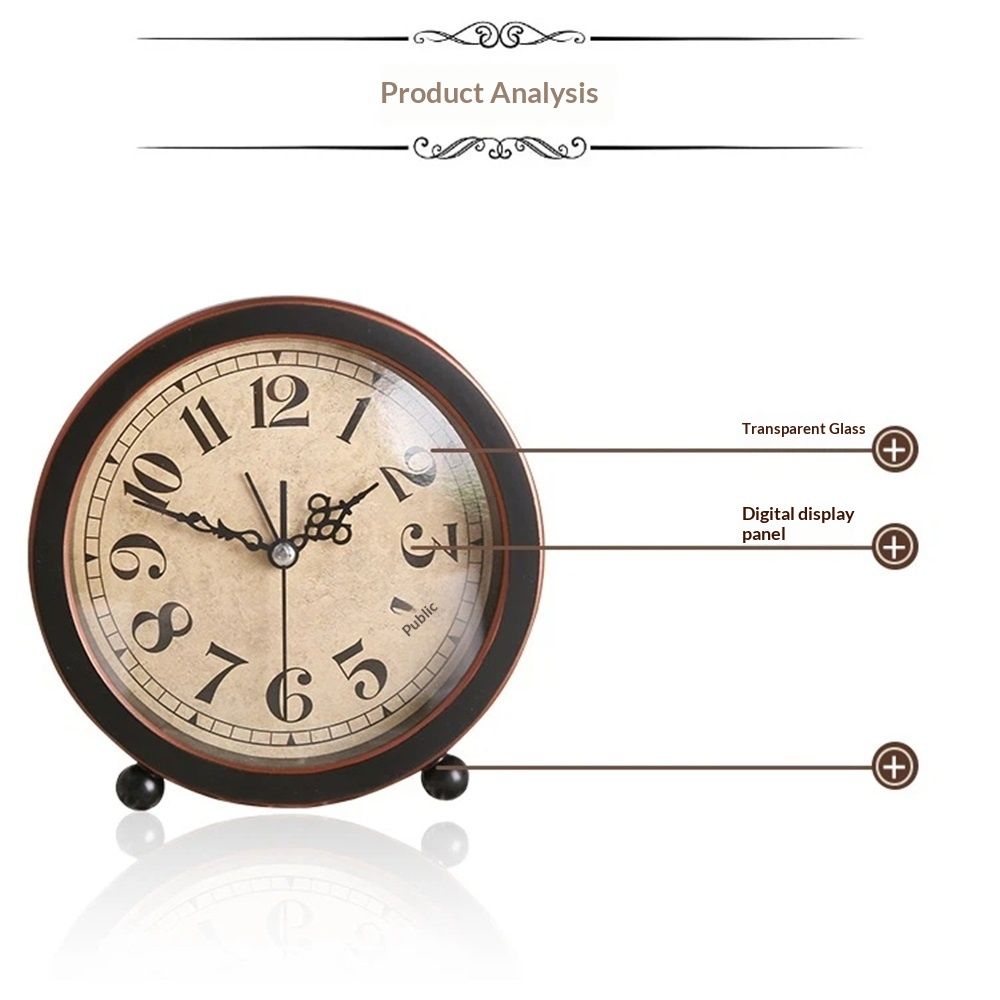 Style Retro Silent Desk Alarm Clock Non-Ticking Whisper Battery Operated, HD Glass Face, Easy to Read for Indoor Decor（Black 2） — image 4