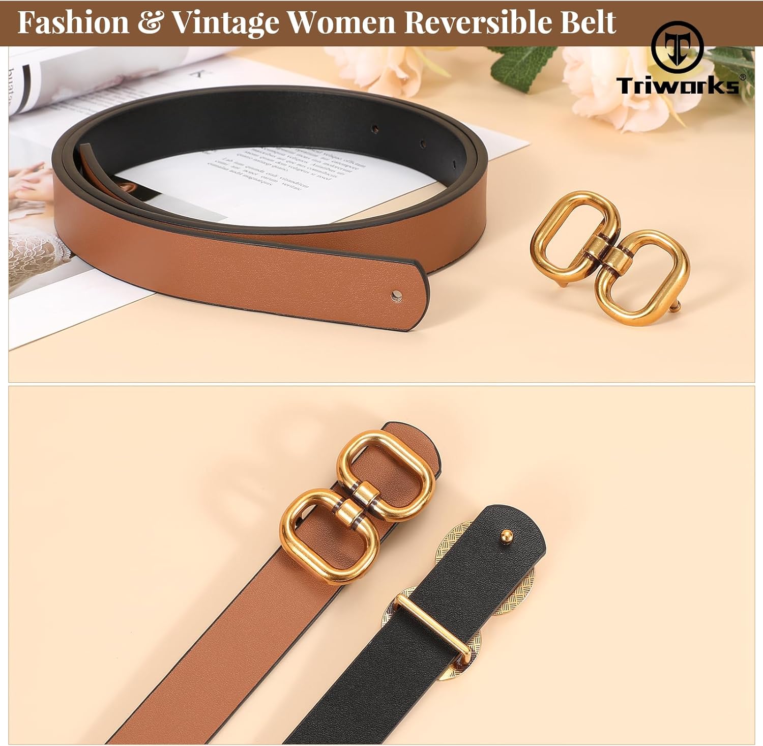 Reversible Leather Belt for Women with Gold Buckle Ladies Leather Belt for Jeans Pants โ image 6
