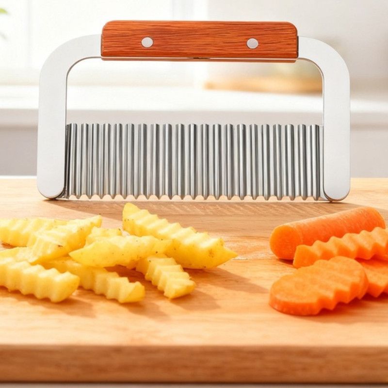 1 piece - Stainless Steel Wavy Potato Cutter with Wooden Handle, Crinkle-Cut French Fry Slicer, Multi-Purpose Vegetable Chopper β image 4