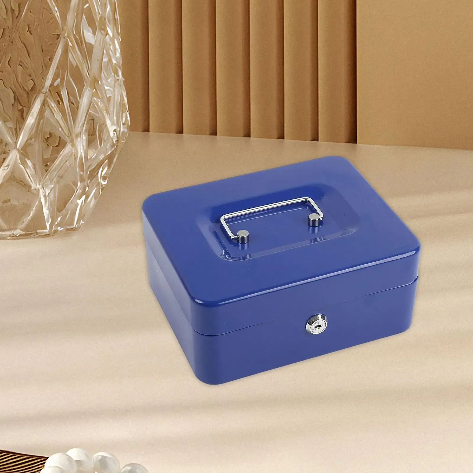 Blue Handheld Cash Box Lockable Money Storage Box with Removable Cash Tray Portable Metal Money Safe with Keys 200x160x90mm — image 2