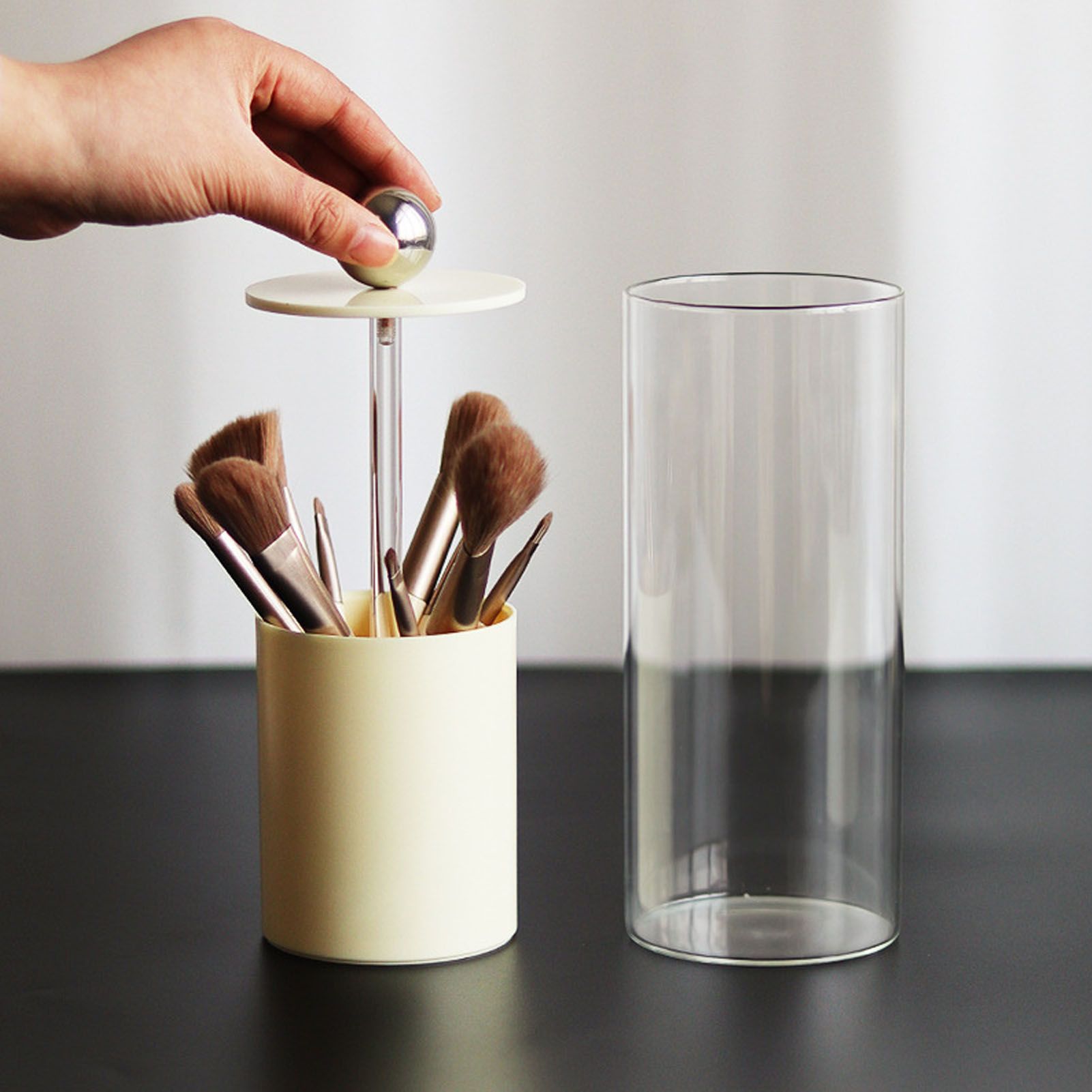 Makeup Brush Holder Organizer with Lid Liftable Dustproof Makeup Brushes Container for Vanity Desktop Countertop Nordic Style Milky White Cover โ image 5