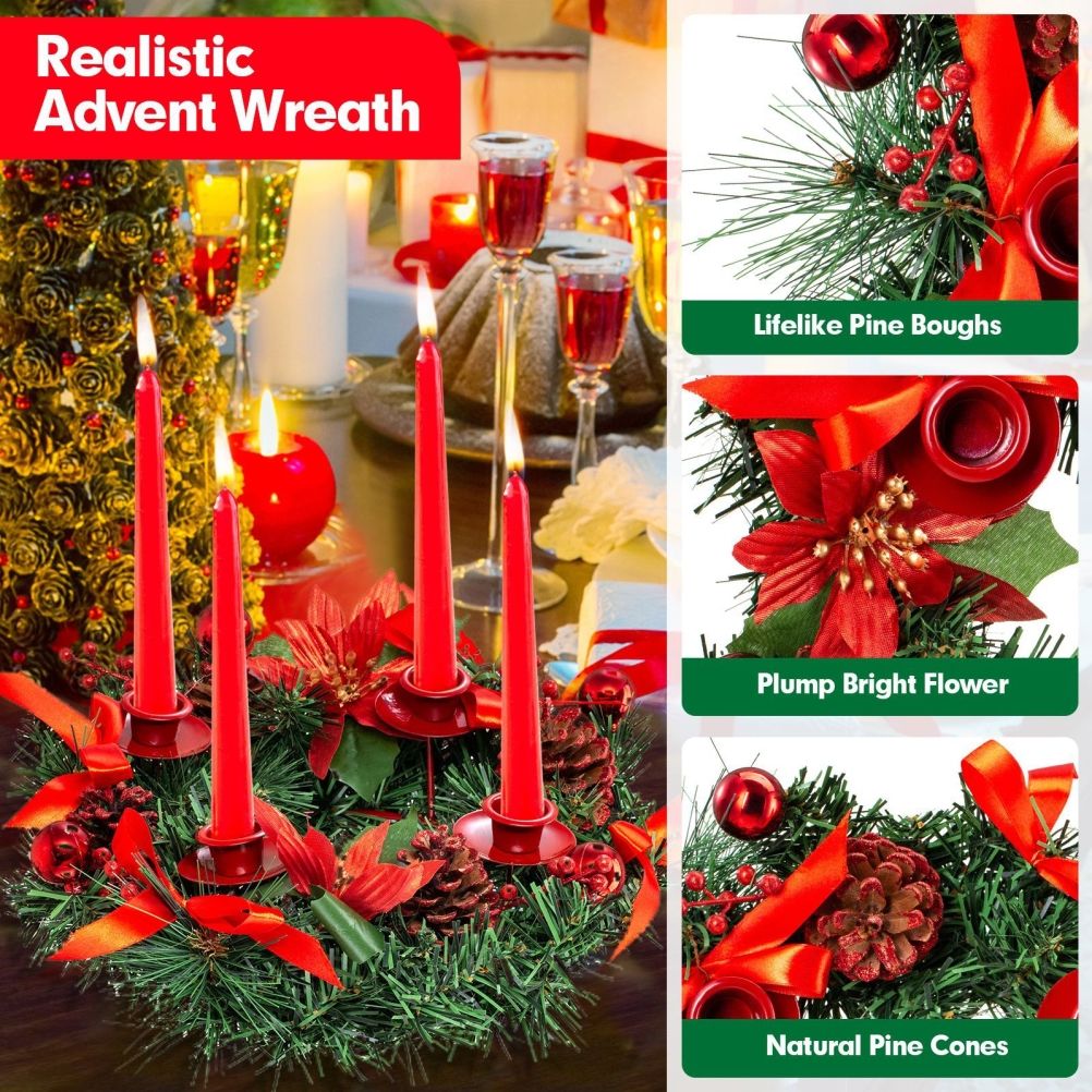 Christmas Advent Wreath Fir Wreath Christmas Arrangement Decorative Wreath with Candle Holder & Ribbon — image 3