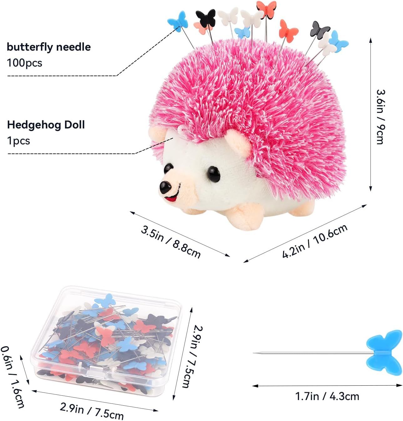 Hedgehog Pin Cushion Sewing Kit with 100 Colourful Butterfly Pins, Dressmaker Pincushion for Sewing, Quilting and Craft Projects, Pink — image 4