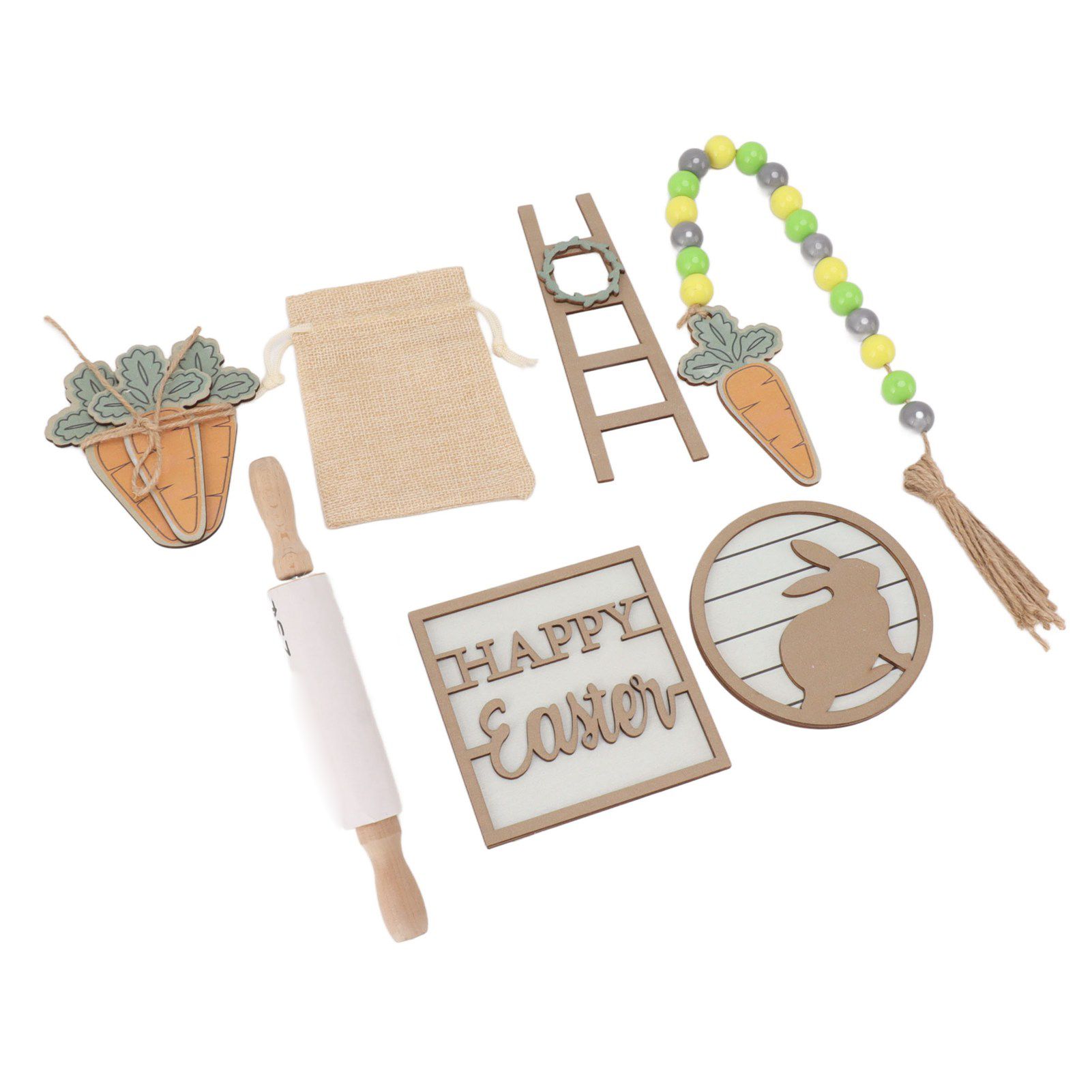 Easter Tiered Tray Decor Bunny Carrot String Bead Rolling Pin Ladder Wooden Easter Tray Decoration — image 2