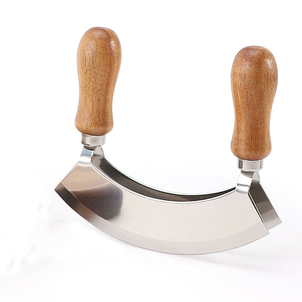 Cutting Board & Knife - Wooden Chopping Board & 2-Bladed Curved Herb Cutter - Round Wood Board & Double Blade Rocker Chopper โ image 2