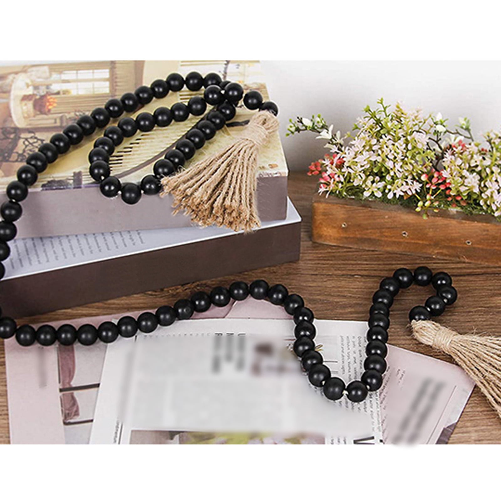 Twine Beaded, Desktop Ornament Promotion, 58In Wood Bead Garland with Tassels Farmhouse Beads Rustic Nature Country Decor Prayer Boho Beads Wall Hanging — image 2