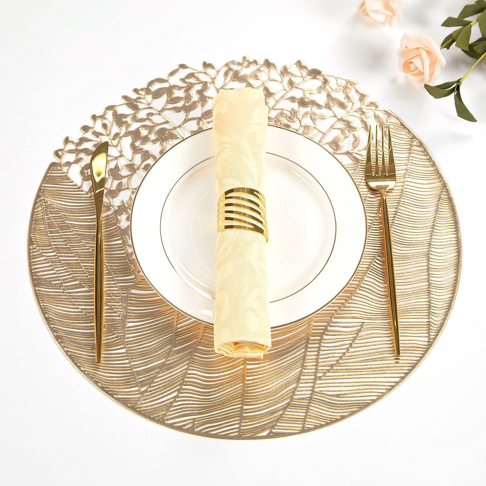 Round Vinyl Placemats Set of 6 Gold Leaf Table Mats 6pcs Indoor Outdoor Hollow Metallic Plate Non-Slip for Dinner, Party