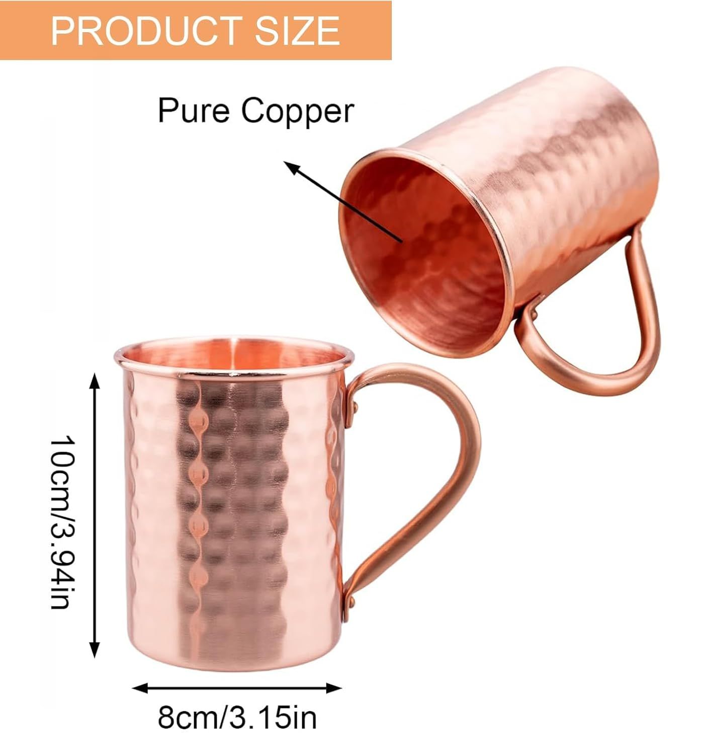 Copper Mug Copper Interior Ideal for Health Benefits - Hand Hammered Finish - Authentic and Strong Riveited Handle - Holds 12.3oz 2pcs โ image 2