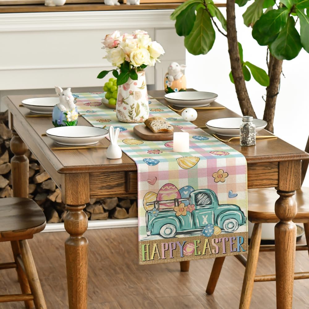 Pink Yellow Buffalo Plaid Carrot Egg Truck Daisy Happy Easter Table Runner, Seasonal Kitchen Dining Table Decoration for Indoor Home Party 13 × 72 Inch — image 3
