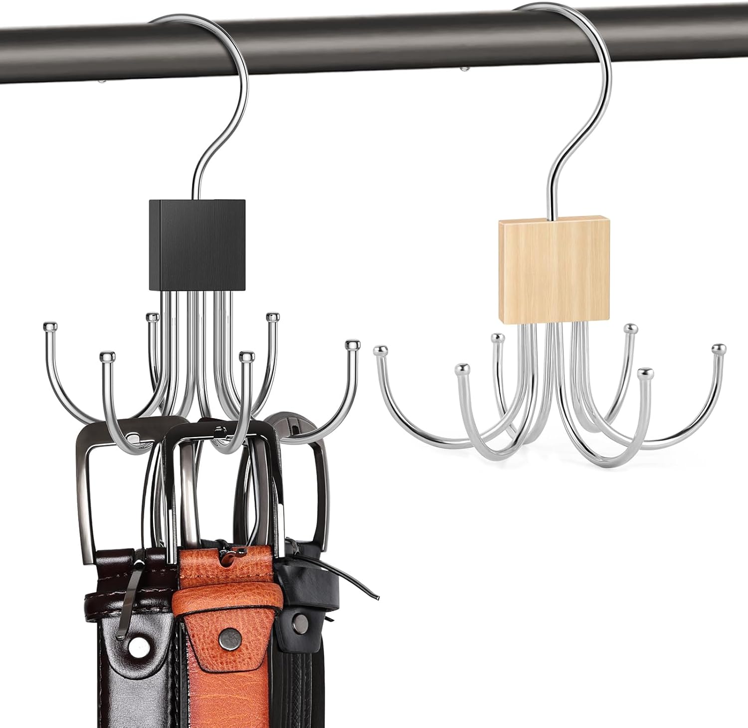 Belt Hanger Tie Rack, 2 Pcs Closet Hanger Organizer 360° Rotatable Metal Belt Holder for Closet Accessories Organizer and Storage