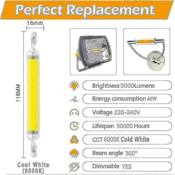[CA] R7s 118mm 20w LED Bulb Cool White 6000k, 3000lm, J118 400w Halogen Bulb Equivalent, Dimmable, 360 Degree Linear 20w R7s Tw — image 5
