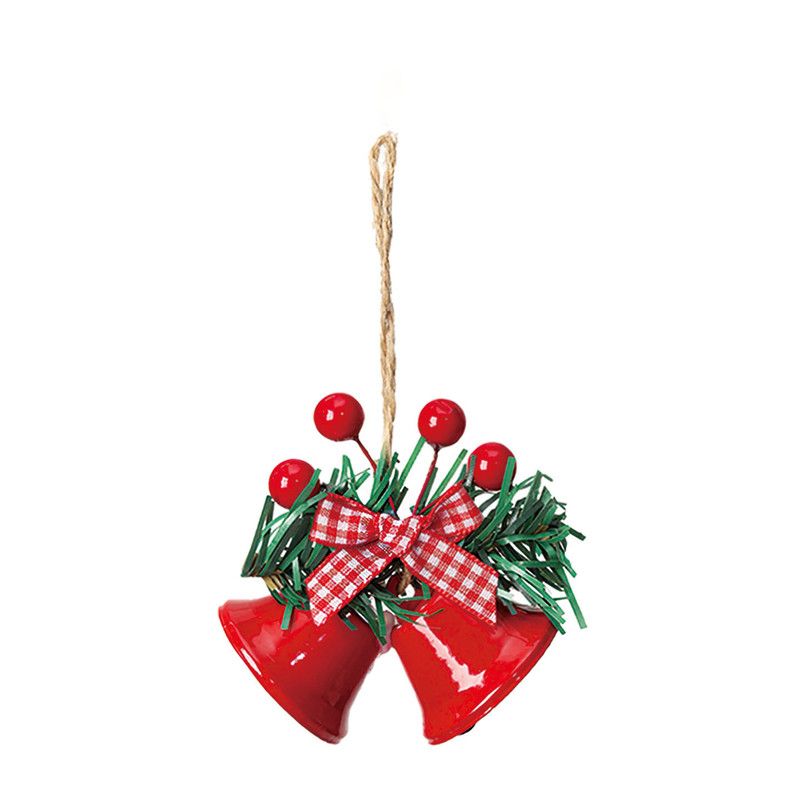 Christmas Bell Ornaments, 6Pcs Xmas Double Bells Hanging Decorations with Red Berries, Plaid Bow & Pine Needles, Holiday Home Party Wreath Decor โ image 6