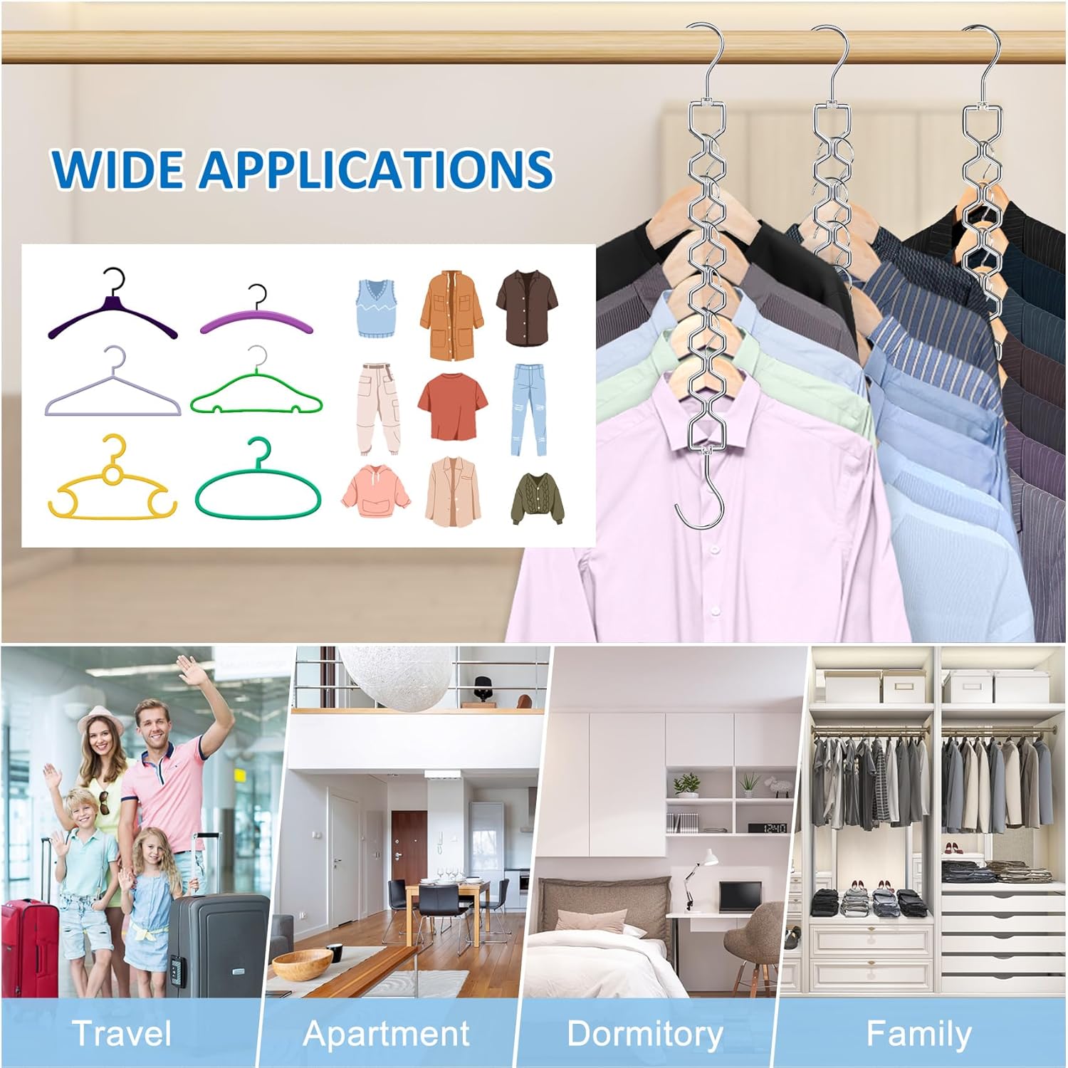 6 Pack Space Saving Hangers for Clothes, Heavy Duty 30Lbs Capacity Clothes Metal Hanger Organizer, 15 Pcs Travel Hangers Portable Foldable Travel Hanger — image 3