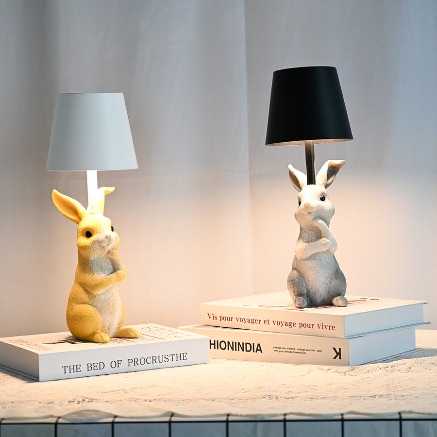 Yellow Bunny White Lampshade Adorable Rabbit Resin Table Lamp - 3-Color LED, USB Rechargeable, Touch Dimming โ image 2