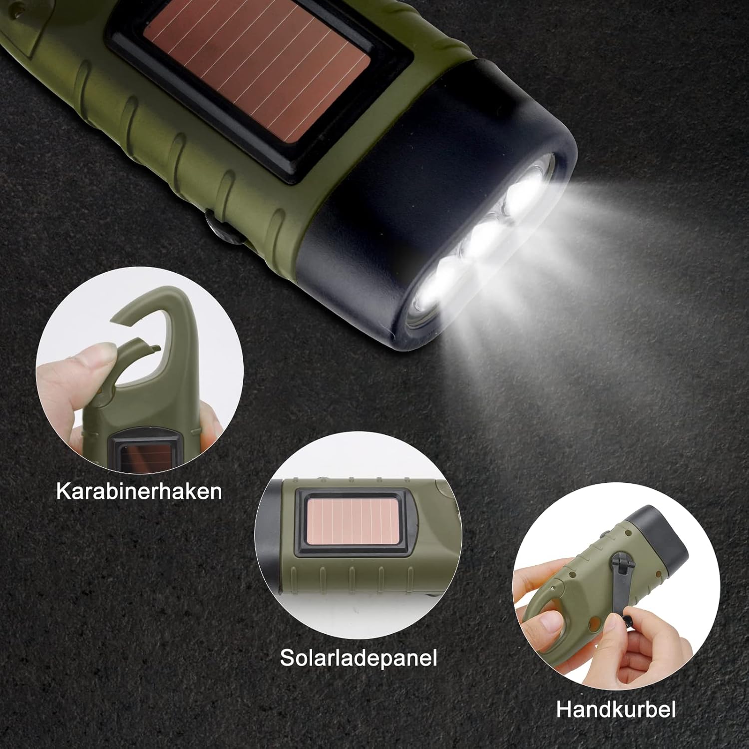 Solar and Dynamo Rechargeable Emergency Torch with Hand Crank, USB Charging and Clip for Camping, Power Outages and Survival Kits, Dark Green — image 2