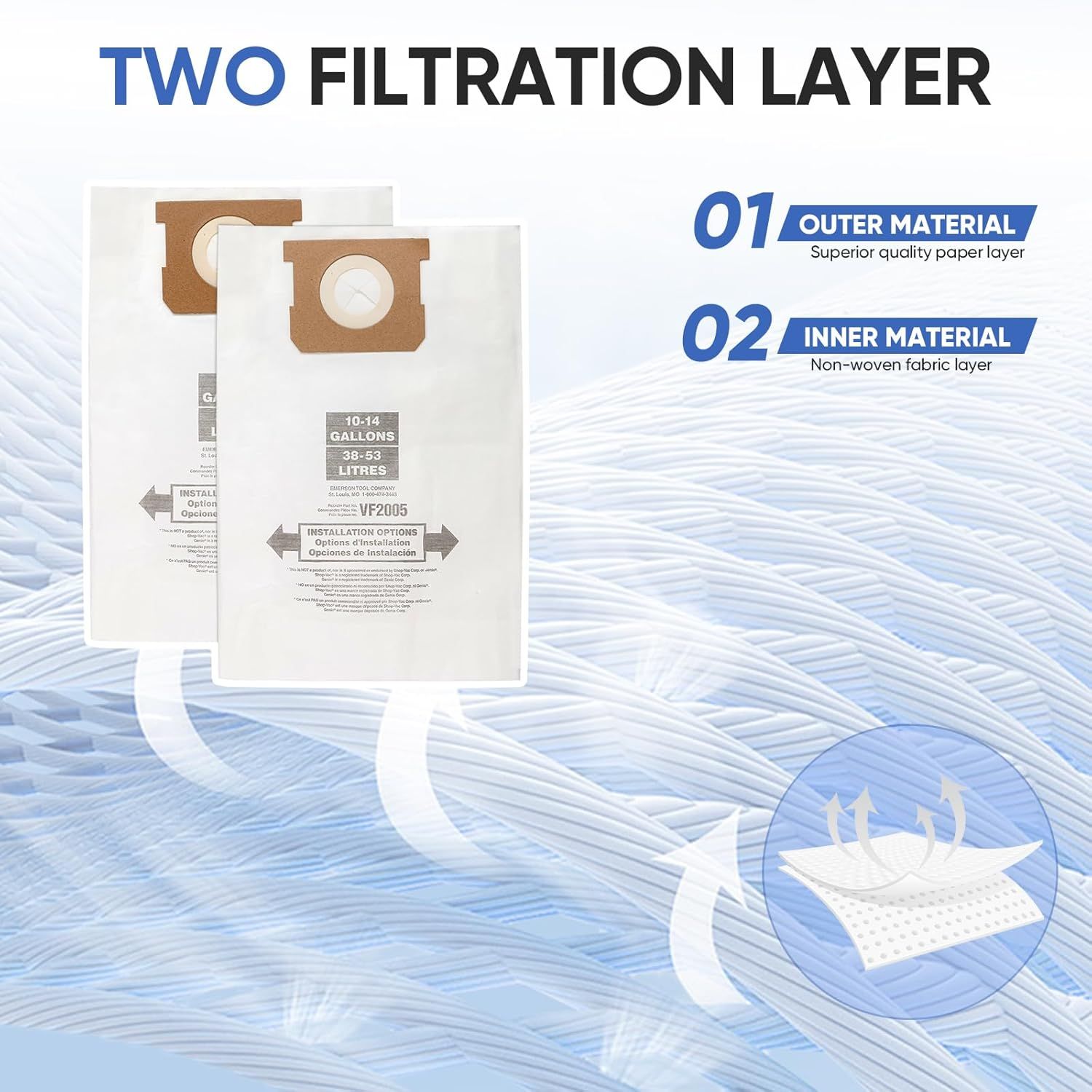 12 Pack V2005 Vacuum Bags Compatible with Shop Vac Bags 10-14 Gallon, Type 90662 9066200; Type I 90672 9067200,High Eiciency Disposable ine Dust Collection — image 4