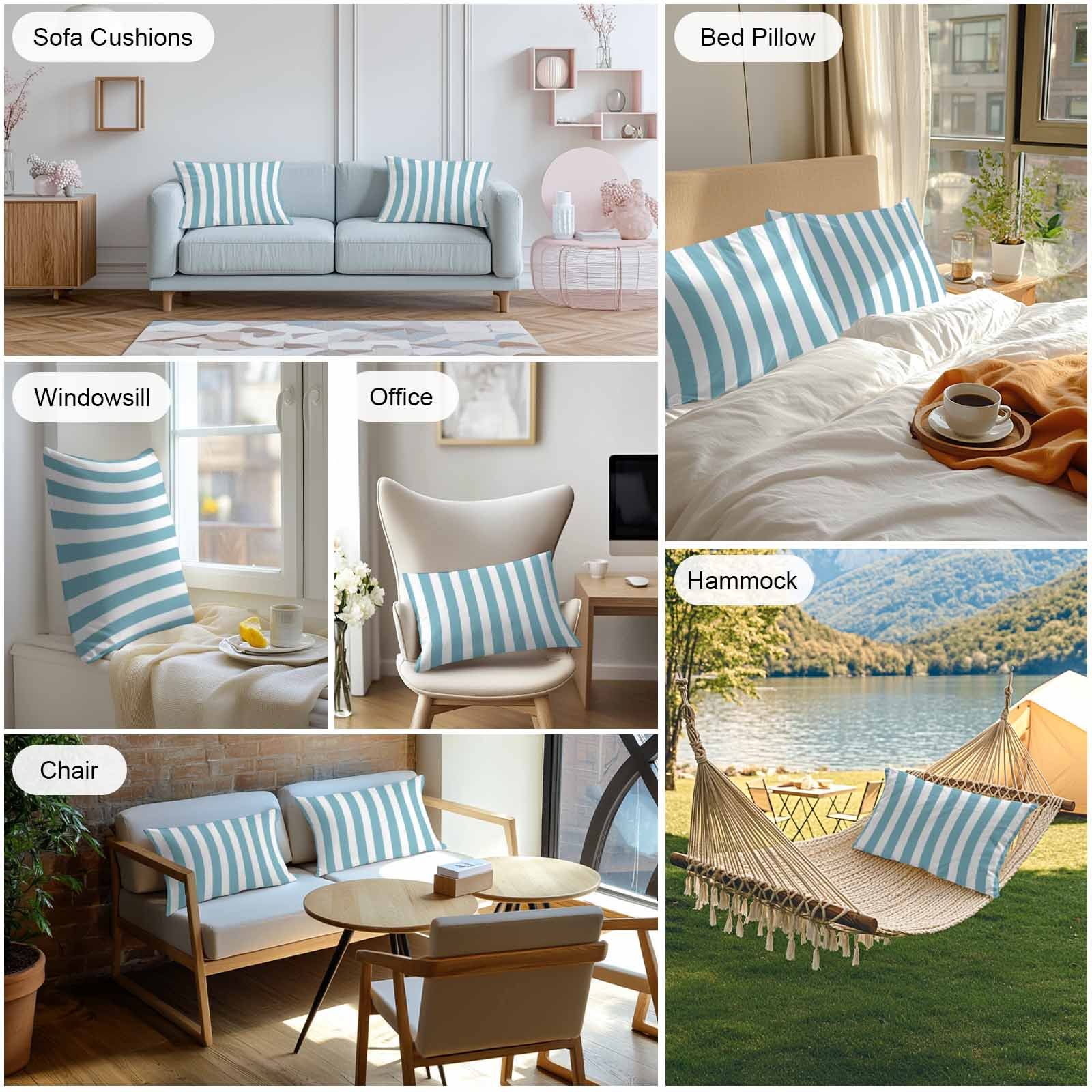 Aqua Striped Outdoor Pillow Covers, Waterproof Decorative Throw Pillowcases Set of 2 for Patio Sofa Furniture and Porch, Blue and White — image 6
