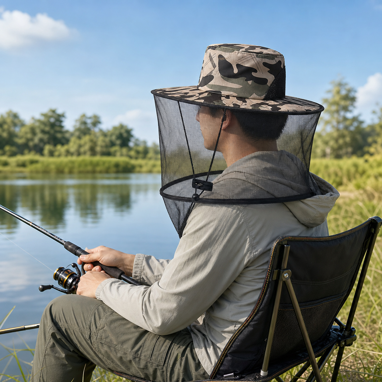 Camouflage-2 Foldable Mosquito Net Fishing Hat with Storage Bag - Wide Brim Sun Shade and Adjustable Dense Mesh Face Veil, Outdoor Headwear for Angling & โ image 6
