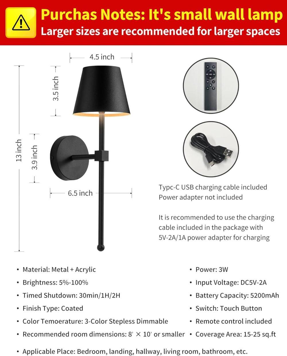 Wireless Wall Lamps 2-pack, LED Lamps with Rechargeable Battery, Stepless Dimmable with Remote Control โ image 5