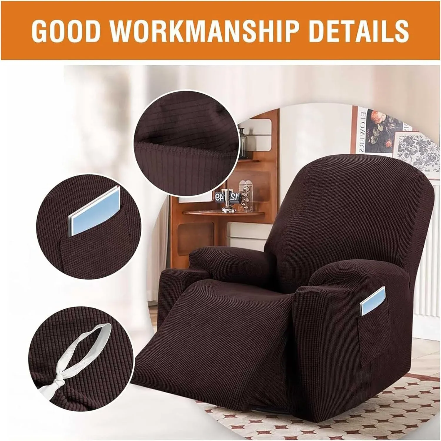 Recliner Slipcover High Stretch Soft Jacquard Fabric with Side Pocket for Standard Power Lift Recliner Brown, Letter A Option โ image 4