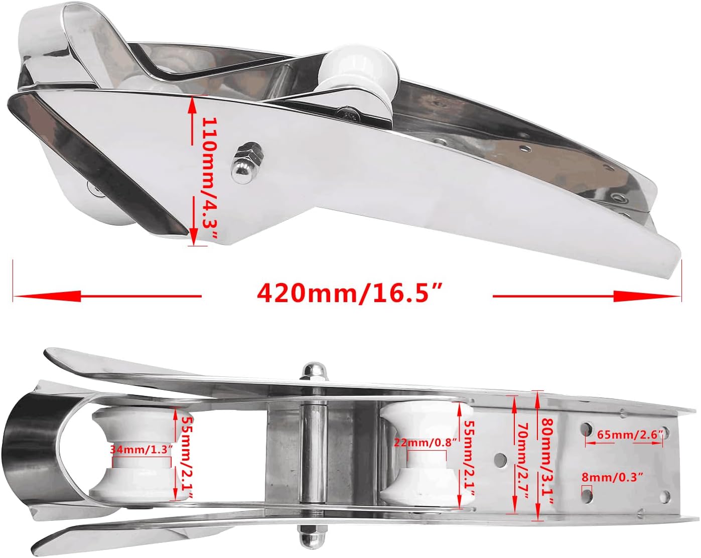 AISI 316 Stainless Steel Hinged Self-Launching Bow Anchor Roller with pivoting Dual-Roller 16.5'' for Marine Yacht Docking Accessories — image 3