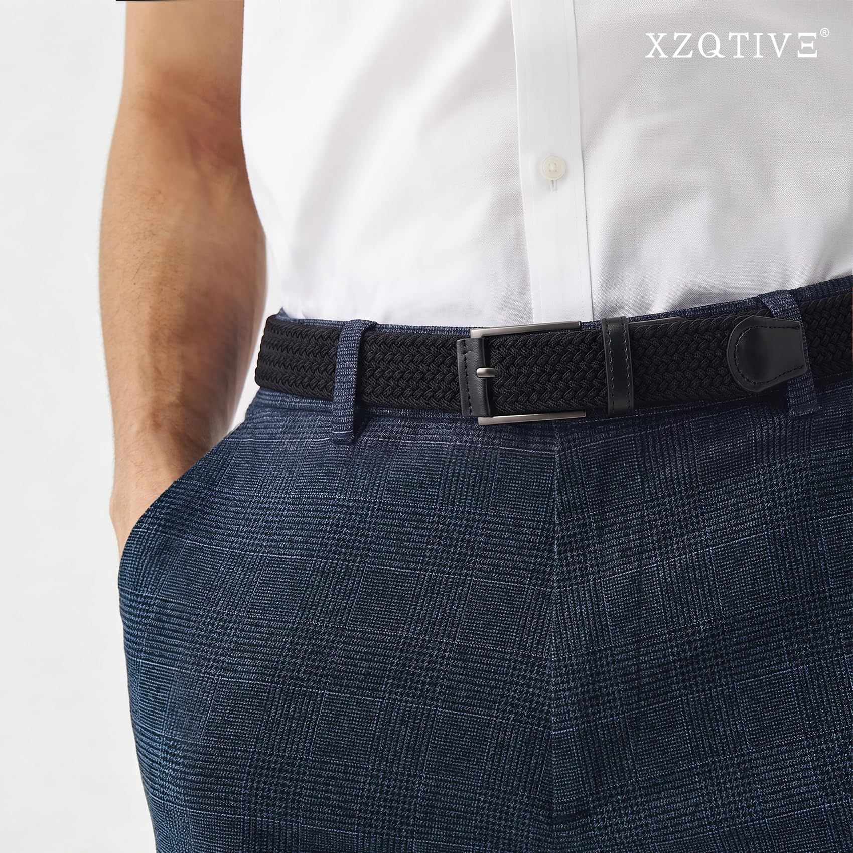 Unisex stretch black woven canvas belt with pin buckle, suitable for jeans, casual pants, shorts and casual wear โ image 3