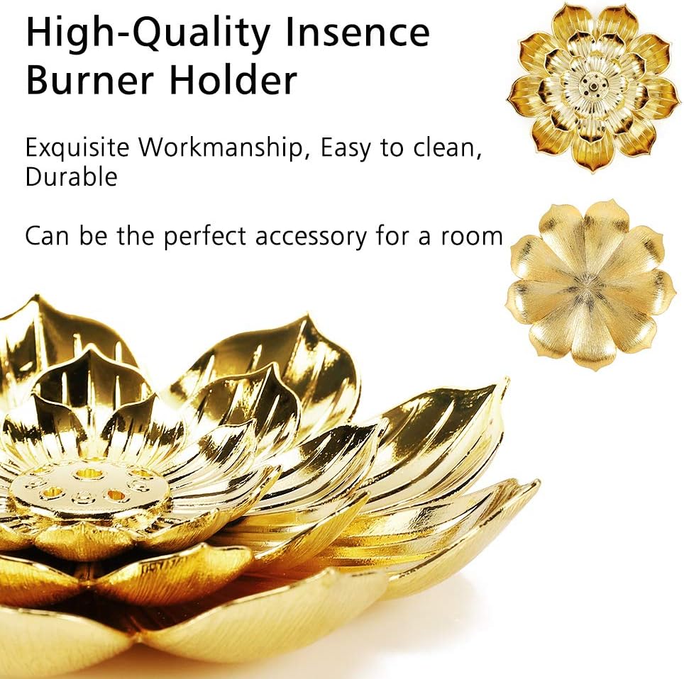 Zinc Alloy Incense Holder, Lotus Stick Incense Burner, Incense Holder for Stick/Coil/Cone Incense with Ash Catcher, Gold โ image 4