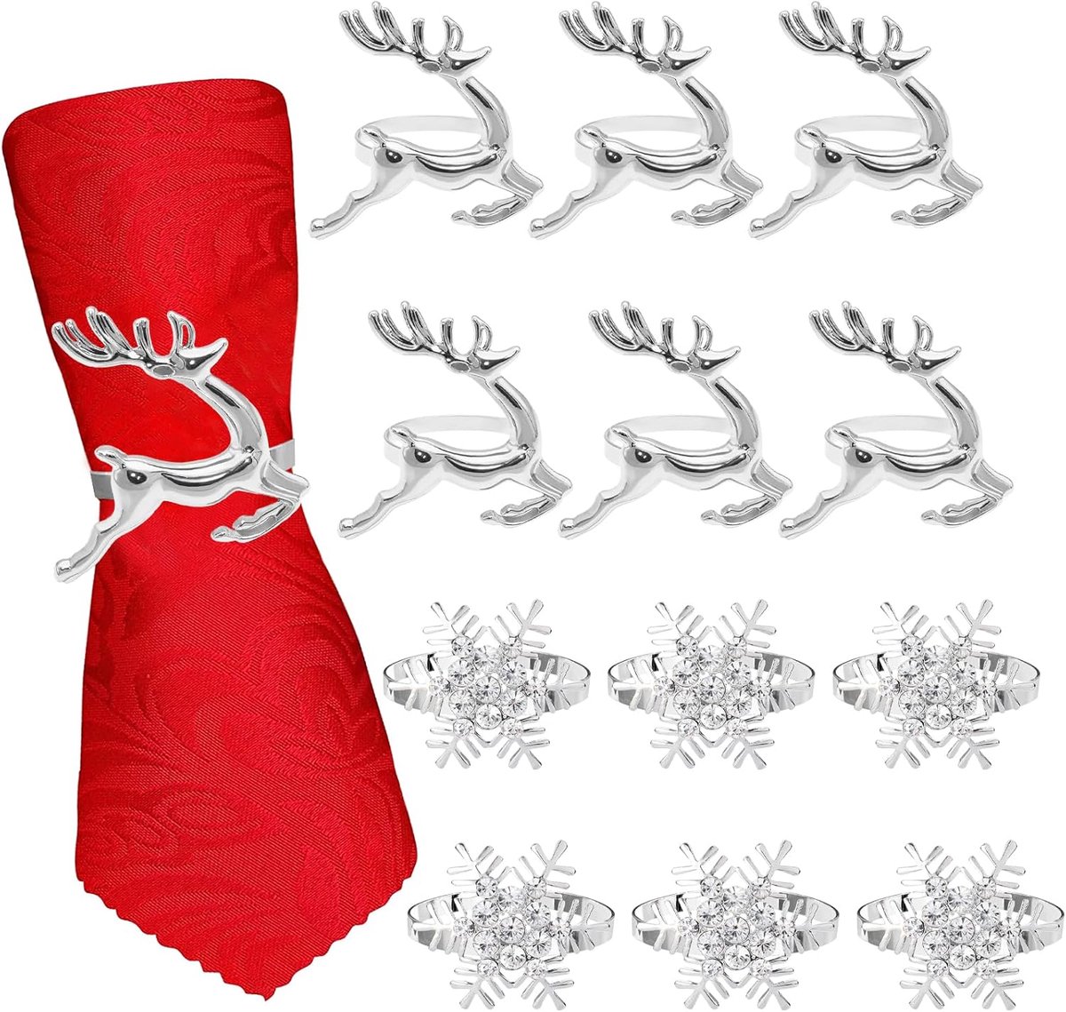 Napkin Rings for Christmas - 12 Pieces - Moose & Snowflakes - Silver Napkin Ring - Napkin Rings Table Decoration - Napkin Rings for Christmas, Thanksgiving