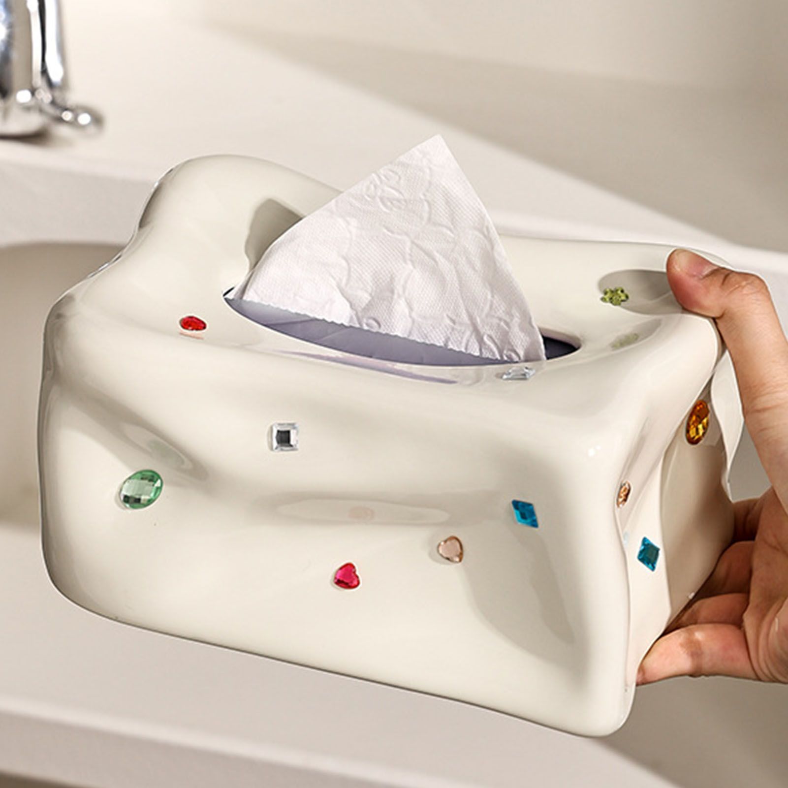Ceramic Tissue Box Case Holder Decorative Elegant Facial Tissue Napkin Dispenser Box for Dinner Room Beige — image 6