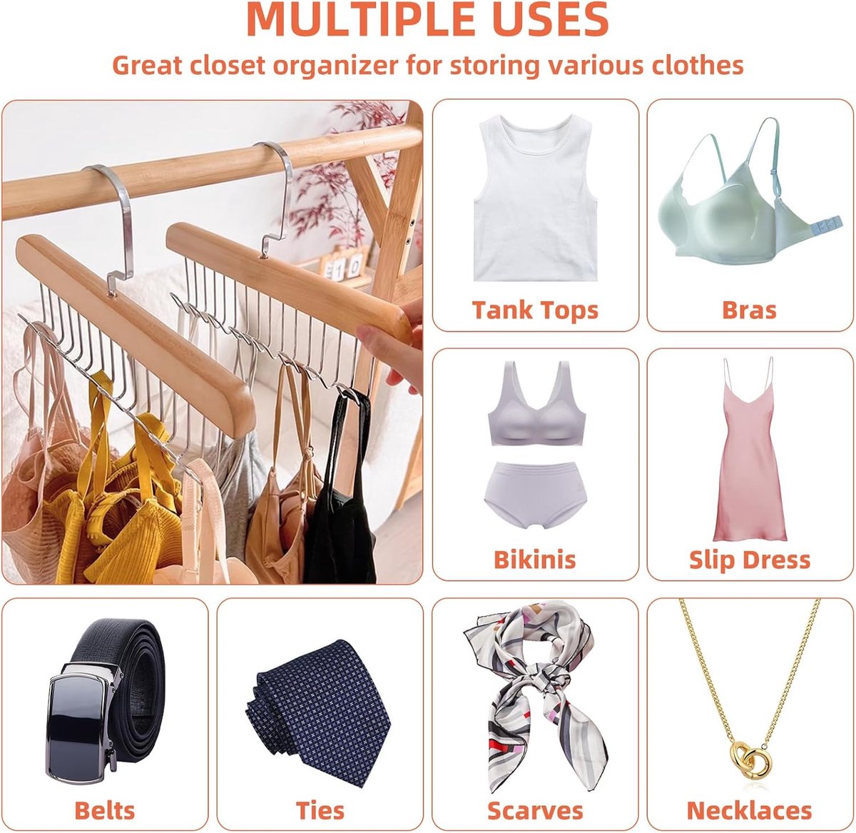 2 pieces - Clothes hanger - belt holders - scarf rack - bra holders - tie hangers for the closet - wooden bra hangers - with 8 hooks - 360° rotatable tank top — image 6