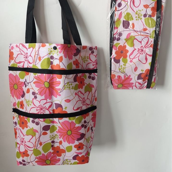 Rolling Shopping Bag Oxford Cloth Cube Type MS-003 Pink flowers on white background โ image 2
