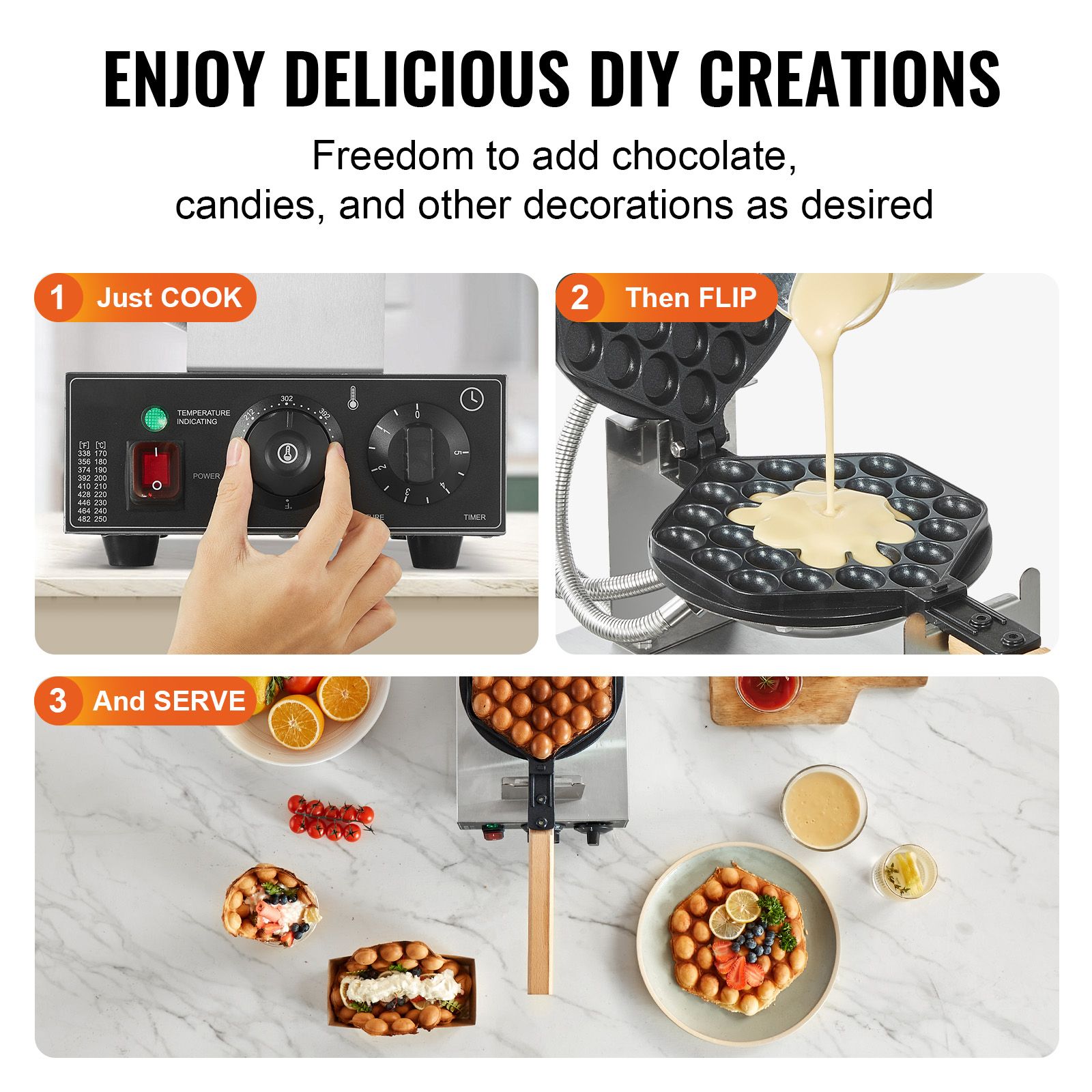 Commercial Bubble Waffle Maker, 1400W Egg Pancake Baker Machine, Non-Stick Stainless Steel Egg Bubble Puff, 180° Rotatable, Temp and Time Control, Wooden — image 6