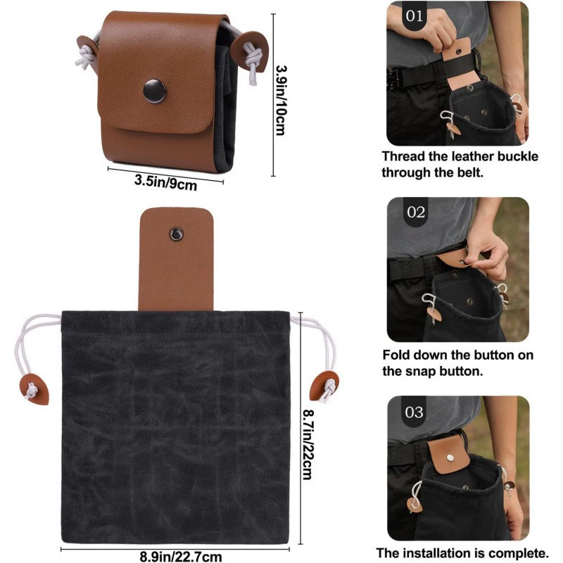 Collection bag - outdoor fruit picking bag - waxed canvas collection bag - foldable leather waist bag with drawstring - multifunctional picking bag for โ image 5