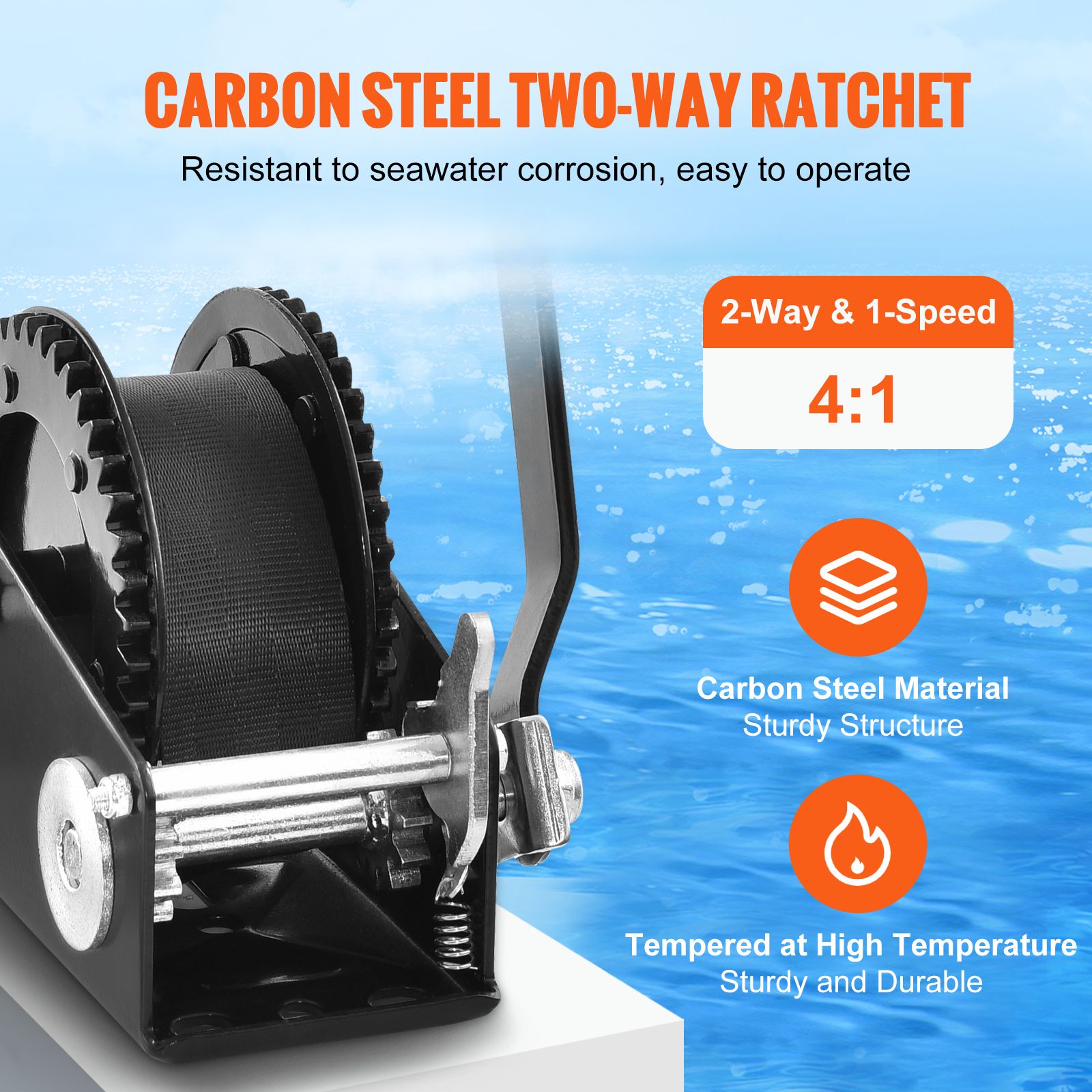 Hand Winch, 907.1 kg Pulling Capacity, Boat Trailer Winch Heavy Duty Rope Crank with 7 m Polyester Strap and Two-Way Ratchet, Manual Operated Hand Crank Winch โ image 3