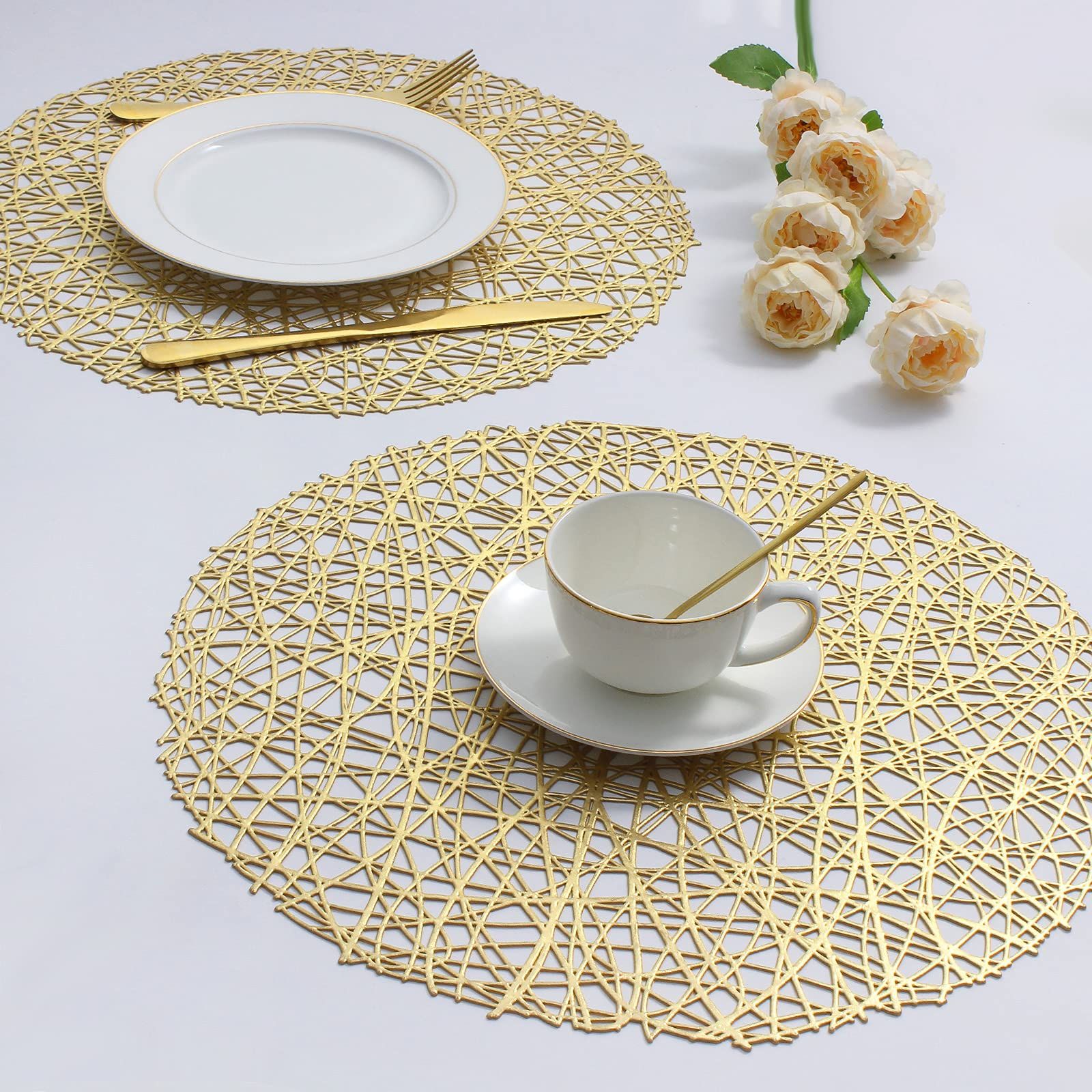 Gold Round Placemats for Dining Table Set of 6 Metallic Pressed Vinyl Circle Table Mats Wipeable Hollowout Place Mats (Line, Gold)