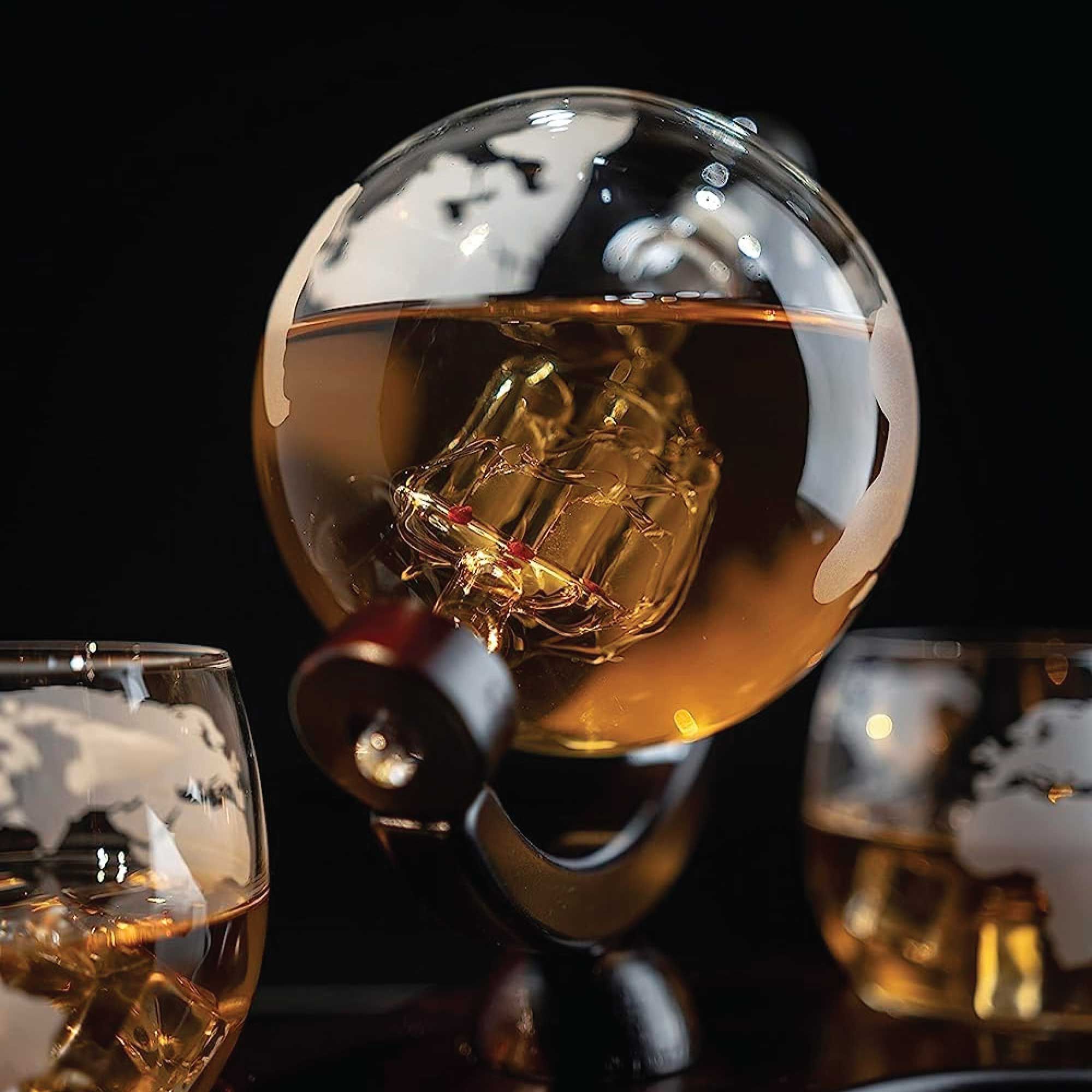 Kitchee 850ml Whiskey or Wine Globe Glass Decanter Set - 2 Glasses + Stand — image 4