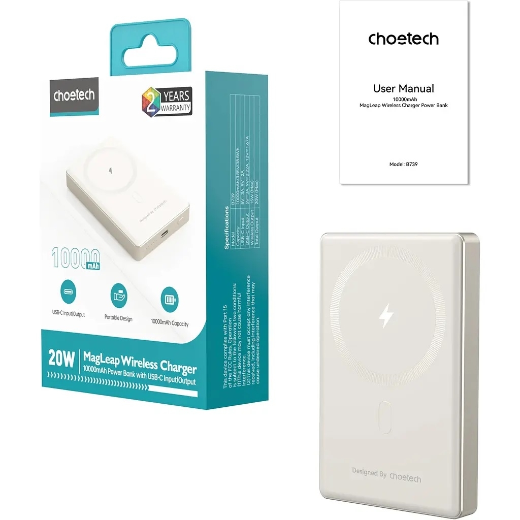CHOETECH B739-WH 20W Slim USB-C 10000mAh Magnetic Power Bank - White โ image 6
