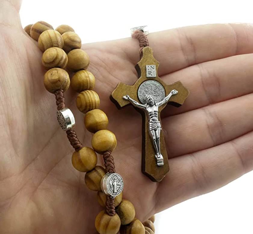 Wood Beads Rosary Necklace Saint Medal & Catholic Cross Religious Prayer Chaplet String Handmade, brown — image 4