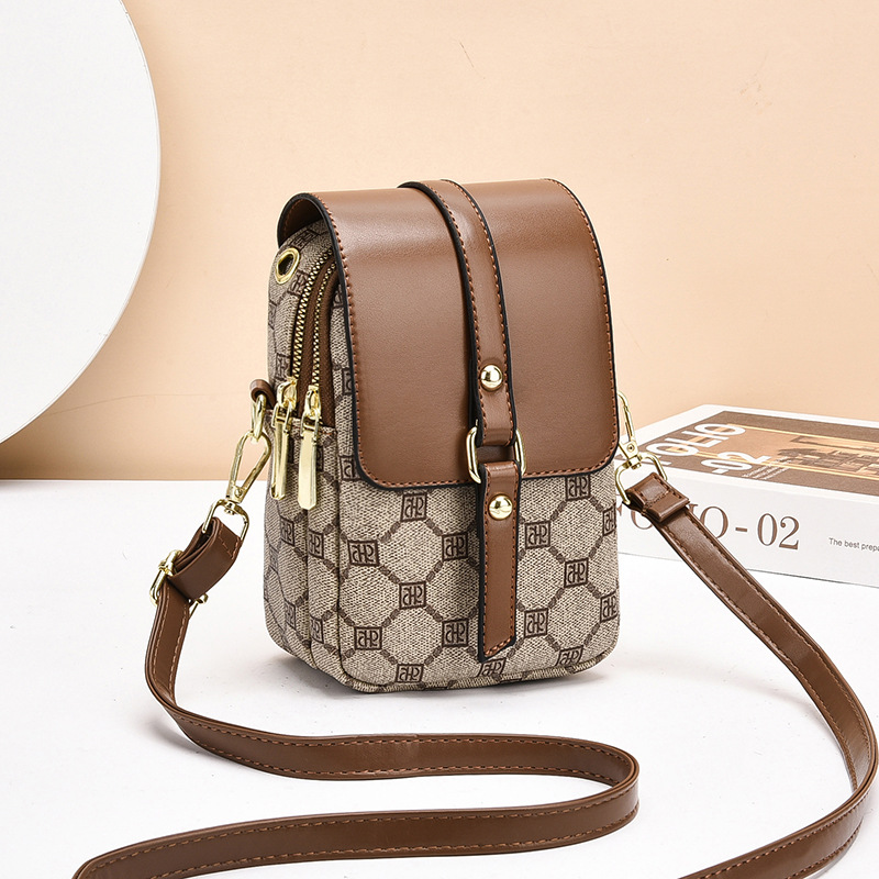 Brown rhombus Women's Mini Crossbody Phone Bag Compact PU Leather with Multiple Pockets and Headphone Port for Daily Travel Stylish Hands-Free Storage for