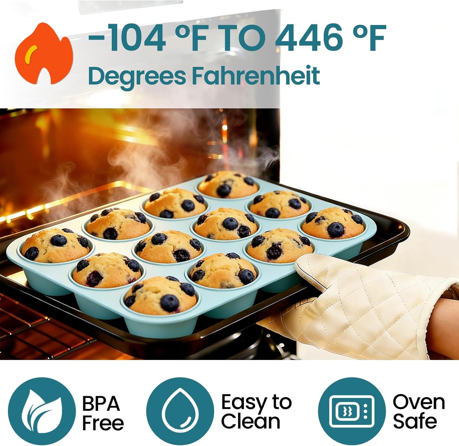 Silicone Muffin Pan, Regular Size 12 Cups Non Stick Cupcake Pan for Baking, Light Blue β image 6