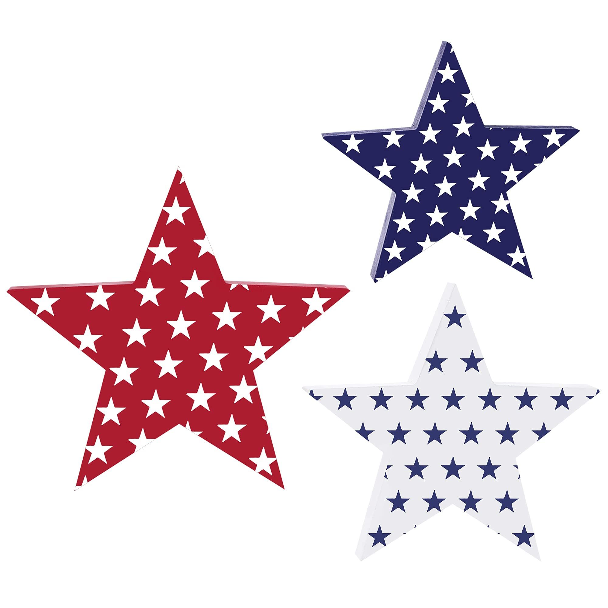 3 Pieces Independence Day Wooden Star Signs Patriotic Wooden Star Standing Blocks Signs for 4th of July Amercian Independence Day