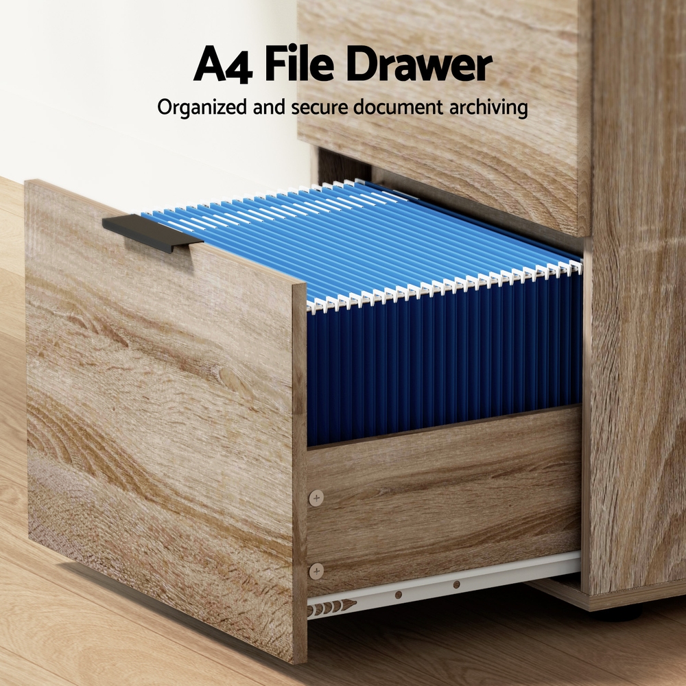 Artiss Filing Cabinet Files Storage Office Shelves File Organiser Oak 2 Drawer — image 4