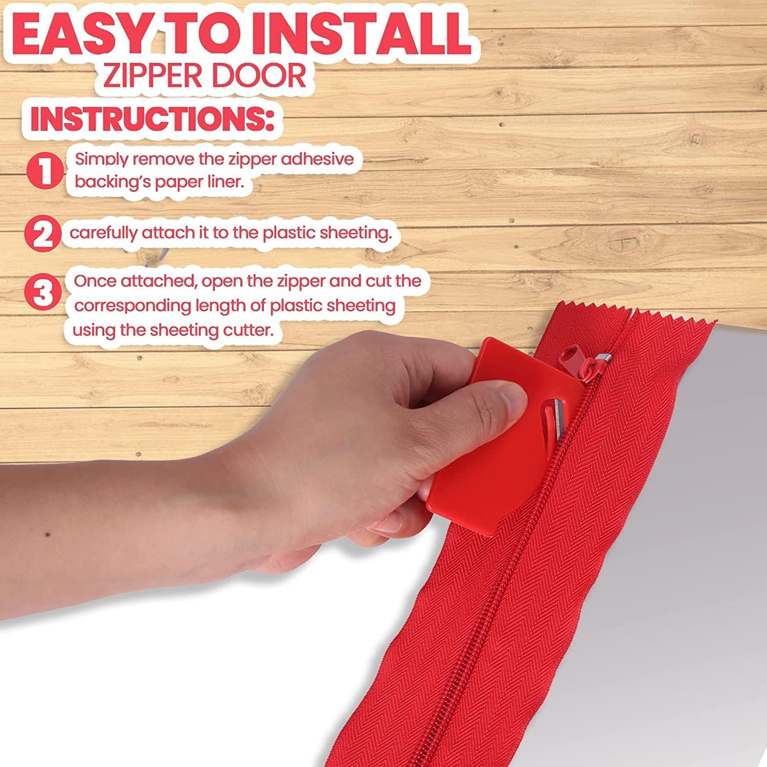 4-Pack Heavy-Duty Dust Protector Zipper (Red) - Self-Adhesive Instant Door Zipper - 7 Ft Length x 3" Width - Includes 4 Zippers and Plastic Sheeting Cutter — image 4