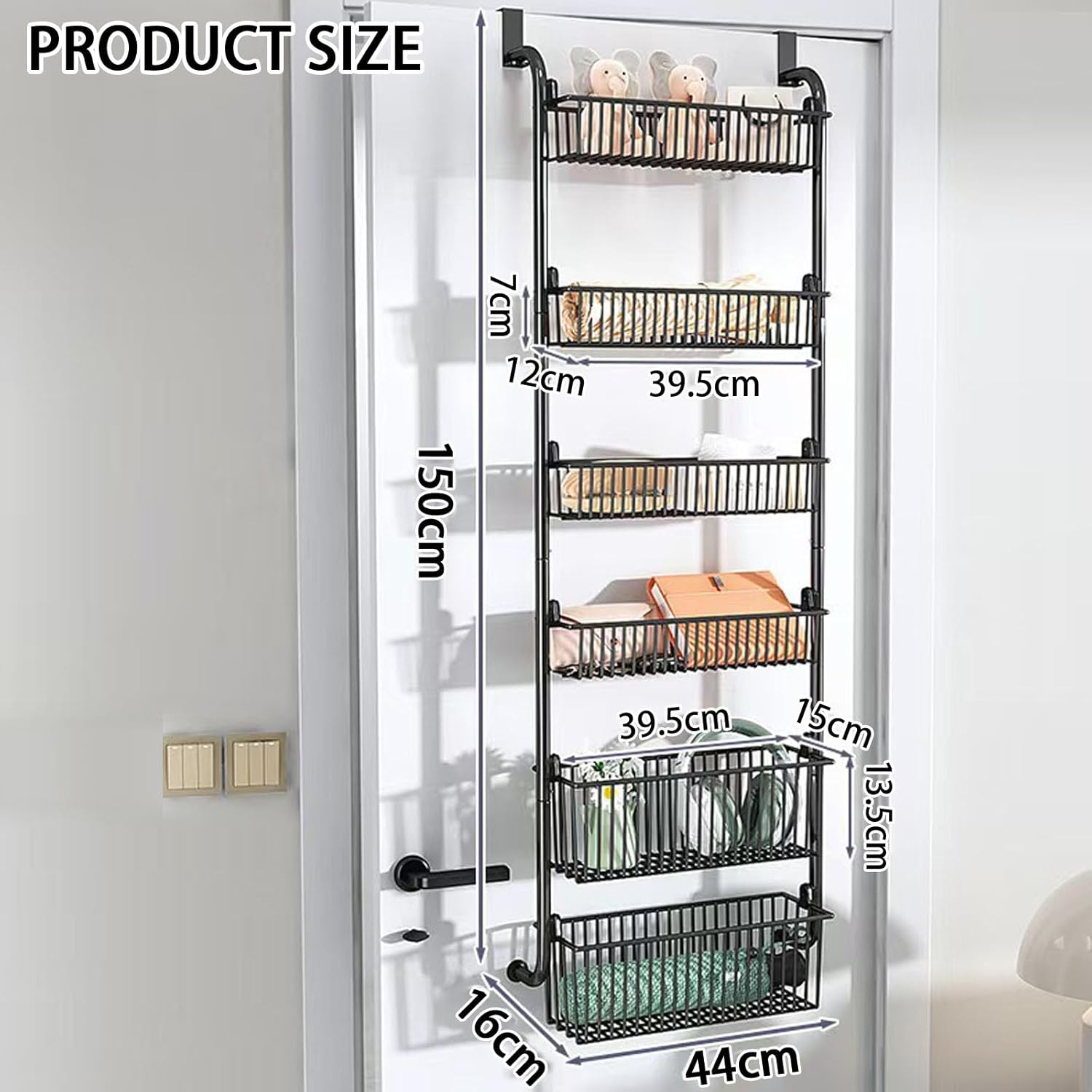 CARLA HOME 6-Tier Over the Door Organizer Heavy-Duty Metal Pantry Rack with Hanging Baskets for Home Kitchen Storage & Bathroom Door Organization (Black) — image 2